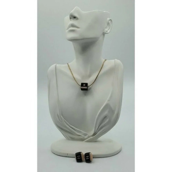 Vintage Authentic Chanel Logo Necklace &  Square Clip Earrings Set ~ Signature - Picture 2 of 11